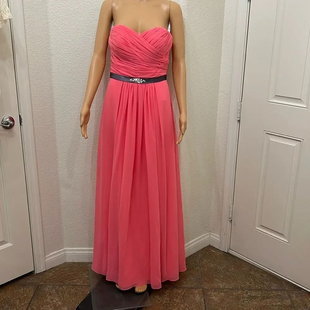 Bill Levkoff Orange Ruched Strapless Maxi Gown Sheer Gray Adorned Satin Tie Belt